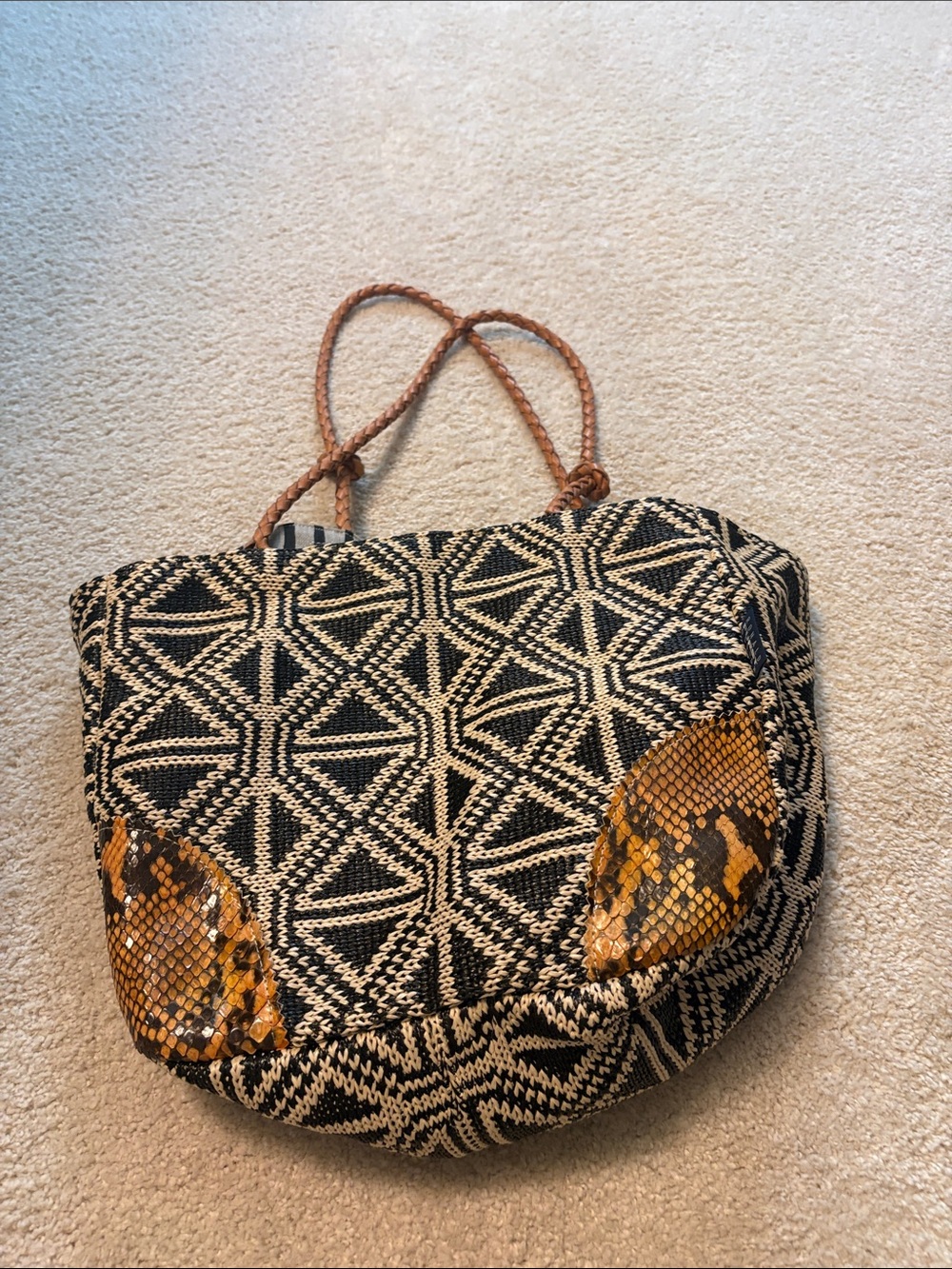 Woven Black and Cream Geometric Tote with Brown Accents